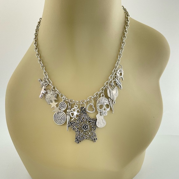 Western Charm Necklace, Handmade, Chunky, Funky, Stars, Skull, Antiqued Silver - Picture 6 of 9